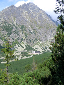 Schlesierhaus in der Hohen Tatra mit dem Gerlach-Gebirgsmassiv im Hintergrund