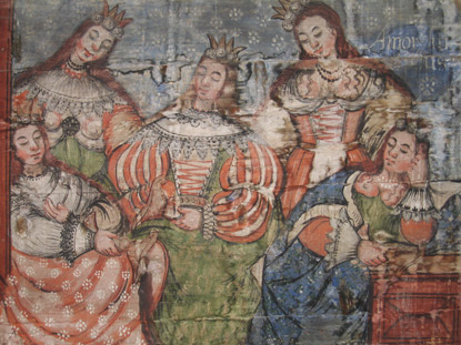 Wandmalerei in der alten Kirche von Hervartov zeigt das Gleichnis von den klugen und törichten Jungfrauen
