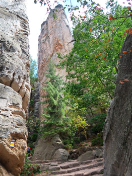Der Wanderweg führt mitten durch die  Prachovské skály (Prachauer Felsen)