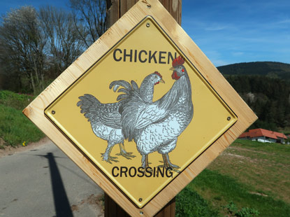 Camino incluso: Ein Schild am Eingang vor Hilsenhaim  weist auf freilaufende Hühner hin