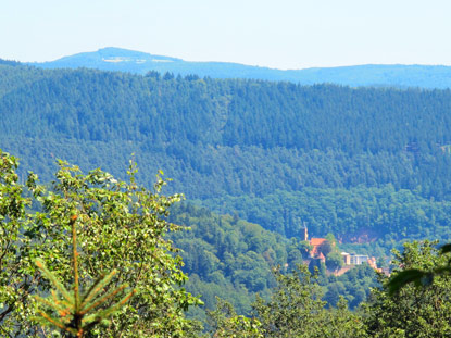 Beim Abstieg erblickt man das Schloss Hirschhorn und die höchst Erhebung des Odenwaldes, den Katzenbuckel (626 m)