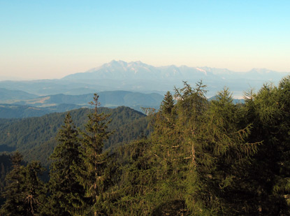 Im Morgendunst kann man von der "Schronisko na Przehybie" die Bergkette der Hohen Tatra sehen.