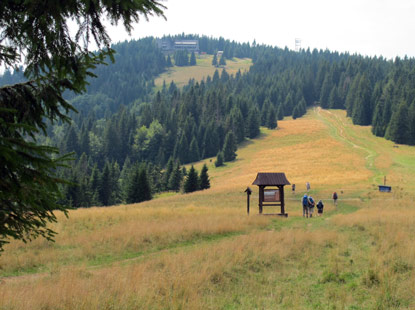 Von der Alm "Hala Długa" ist unsere Unterkunft am 1.260 m hohen Turbacz zu sehen.