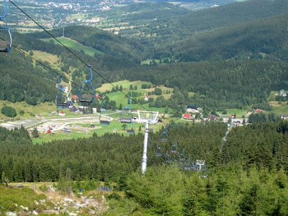 Vom Czarna Góra (Schwarzer Berg) führt eine Seilbahn hinunter nach Sienna (Heudorf) 