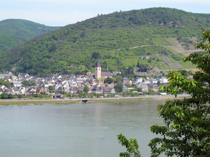 Wanderung Rheinburgenweg: Sicht auf den Weinort Lorch auf der gegenüberliegenden Rheinseite 